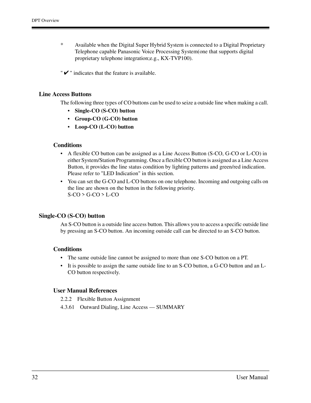 Panasonic KX-TD1232C user manual Line Access Buttons, Conditions, Single-CO S-CO button 