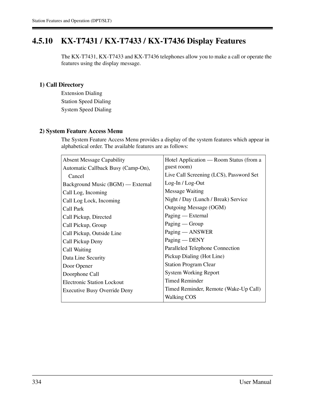 Panasonic KX-TD1232C user manual KX-T7431 / KX-T7433 / KX-T7436 Display Features, 334 