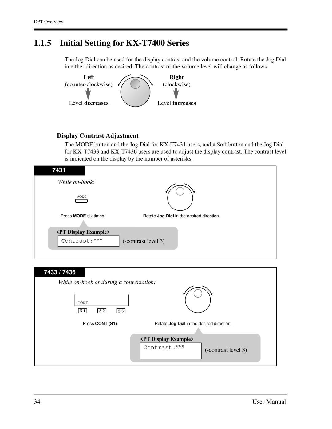 Panasonic KX-TD1232C Initial Setting for KX-T7400 Series, Display Contrast Adjustment, LeftRight, Level decreases 