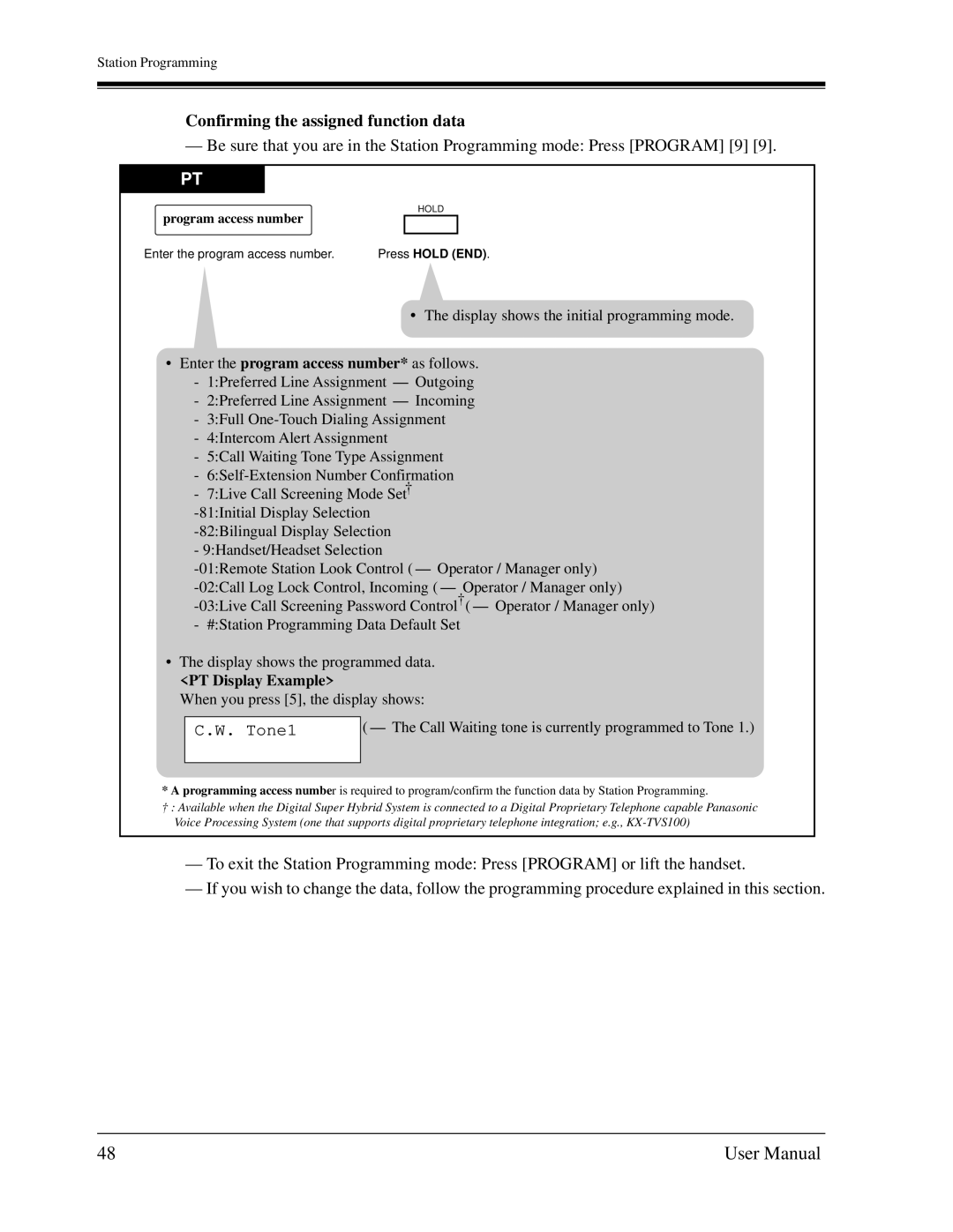 Panasonic KX-TD1232C user manual Confirming the assigned function data, Tone1, Program access number 