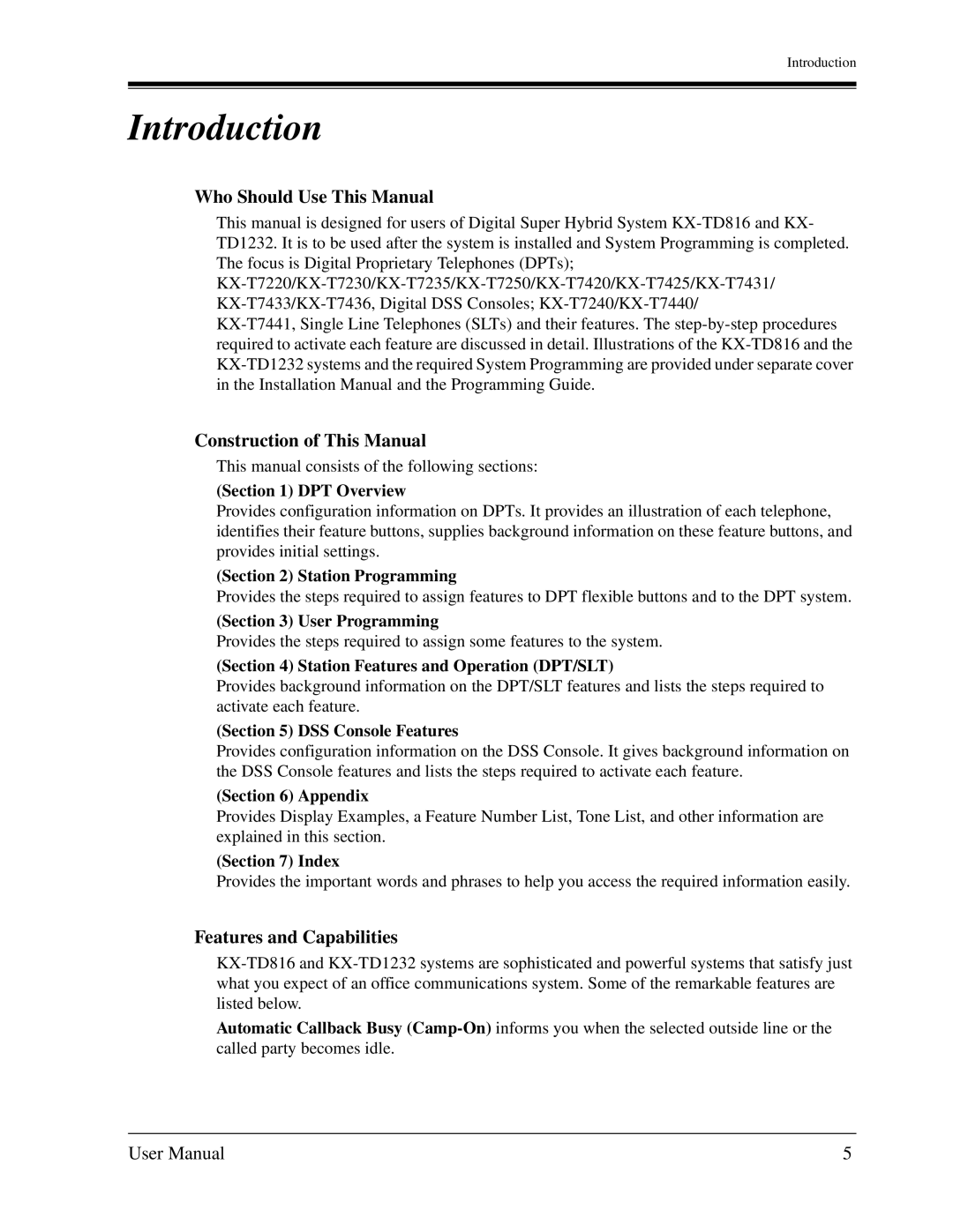 Panasonic KX-TD1232C user manual Who Should Use This Manual, Construction of This Manual, Features and Capabilities 