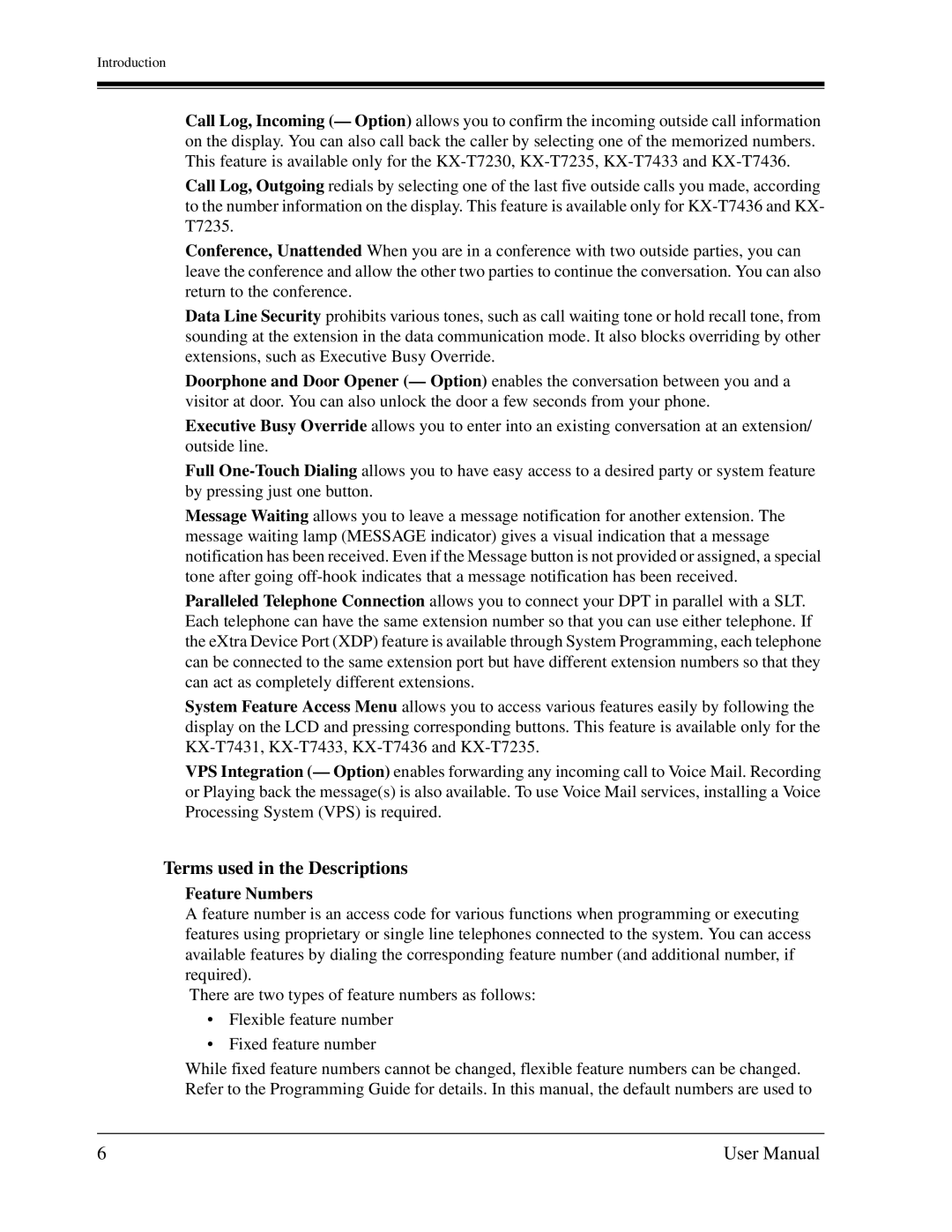 Panasonic KX-TD1232C user manual Terms used in the Descriptions, Feature Numbers 