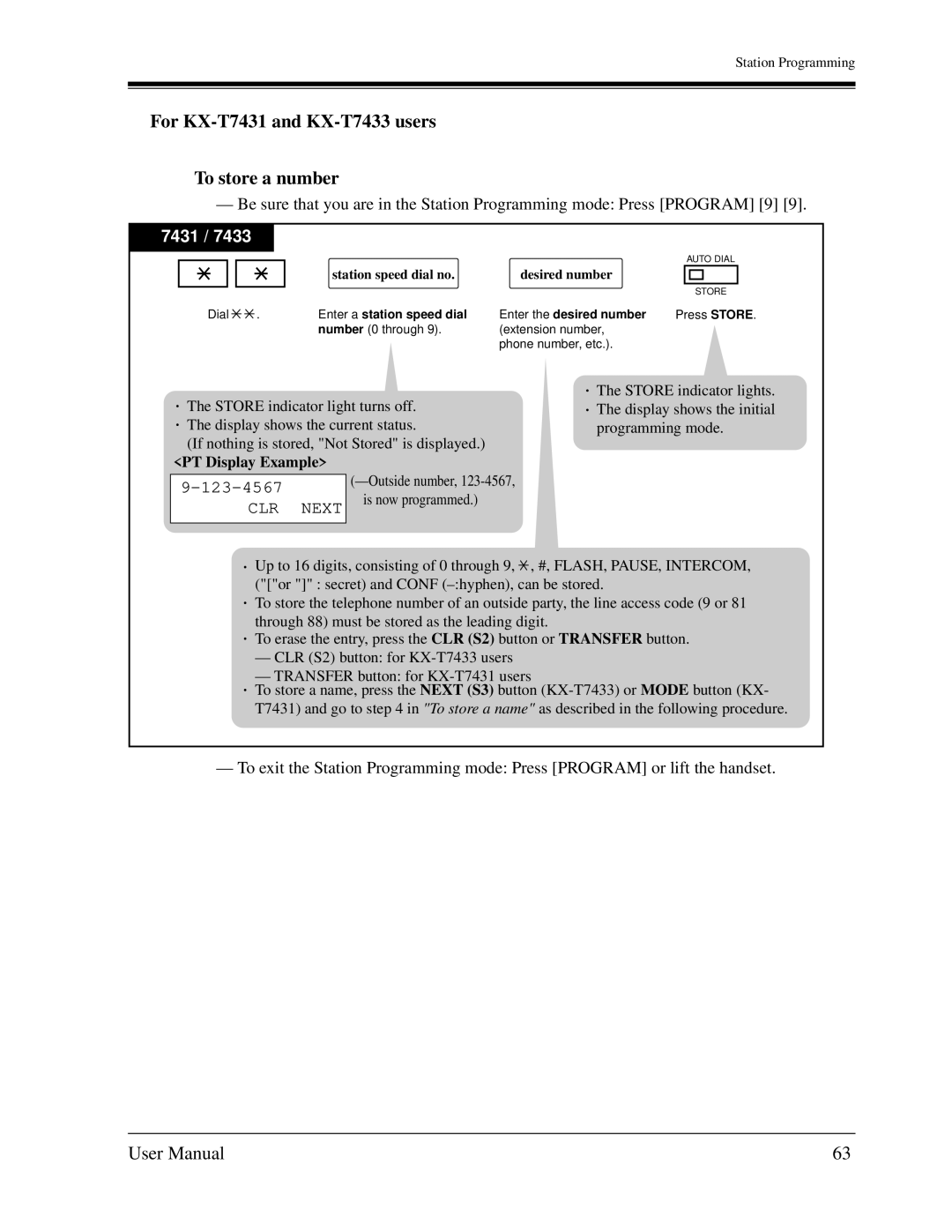 Panasonic KX-TD1232C user manual For KX-T7431 and KX-T7433 users To store a number, Station speed dial no Desired number 