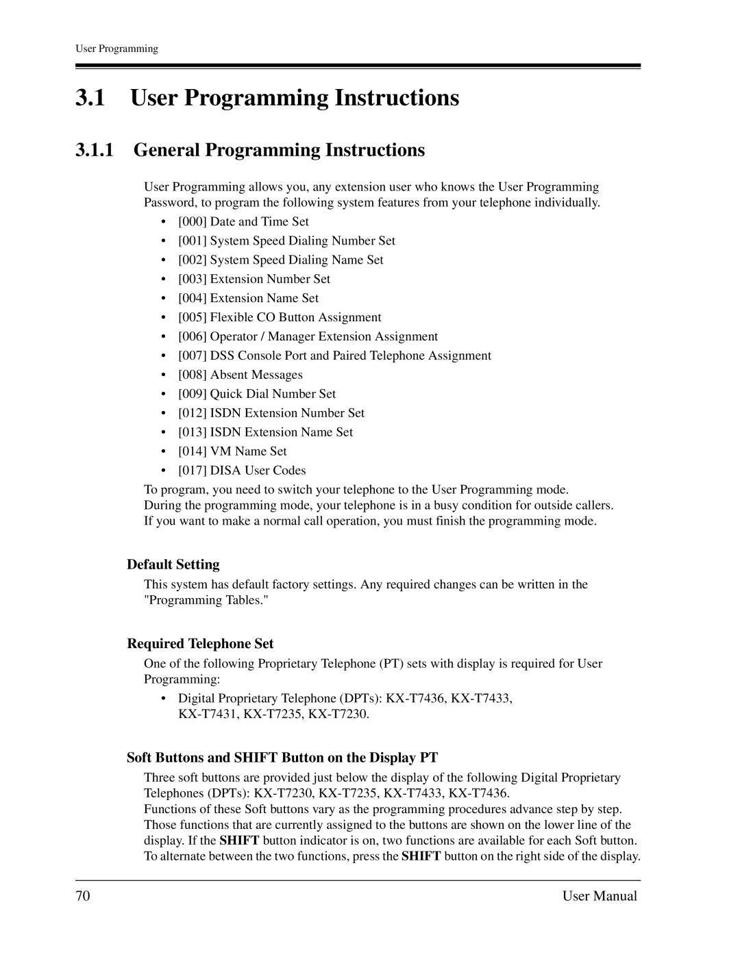 Panasonic KX-TD1232C user manual General Programming Instructions, Default Setting, Required Telephone Set 