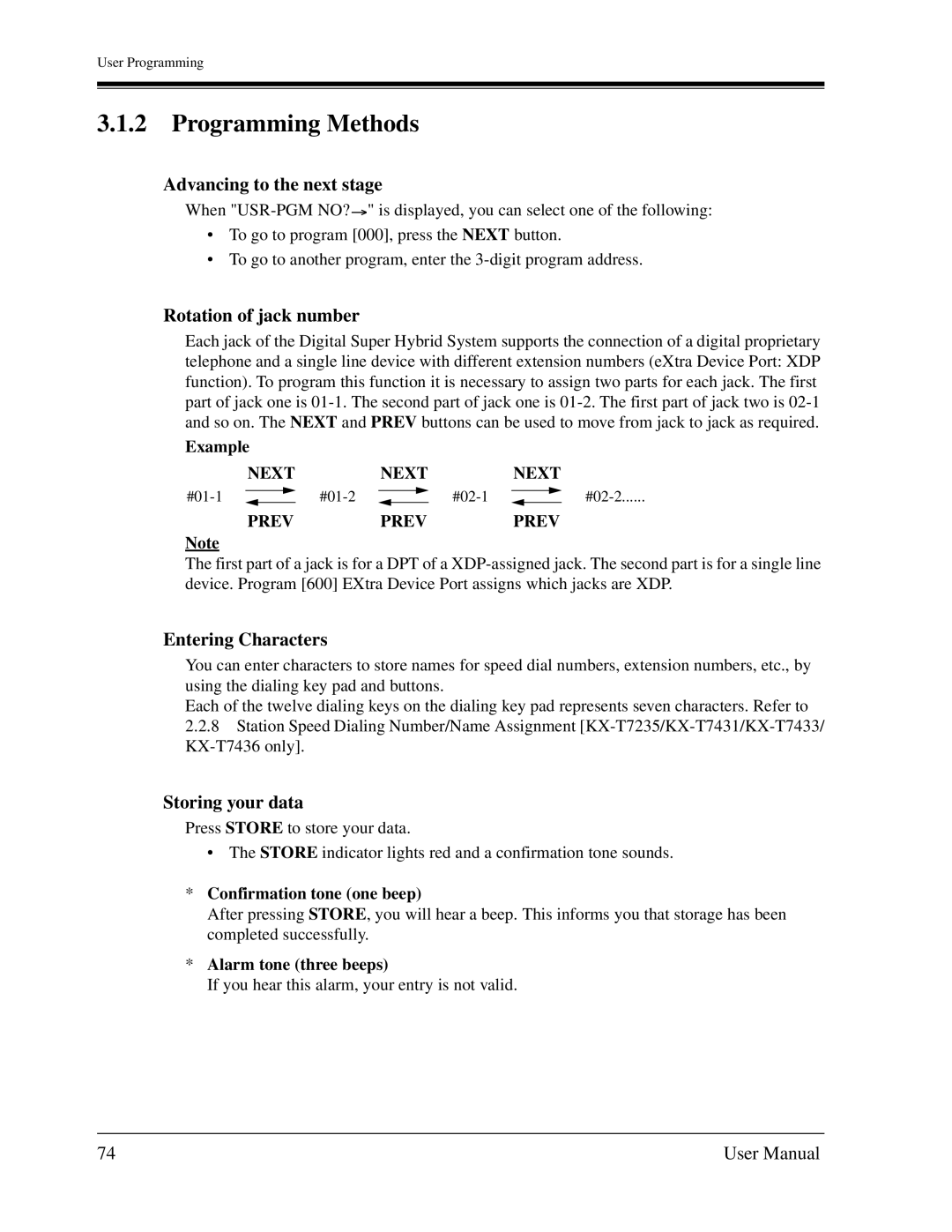 Panasonic KX-TD1232C Programming Methods, Advancing to the next stage, Rotation of jack number, Entering Characters 