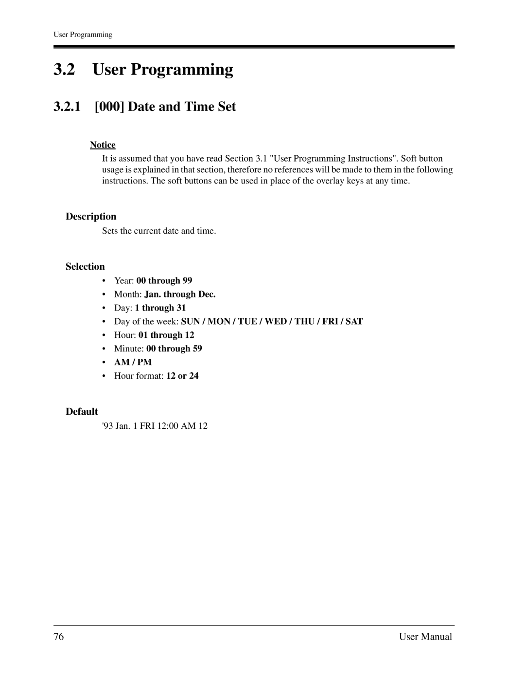 Panasonic KX-TD1232C user manual 1 000 Date and Time Set, Description, Selection, Default 