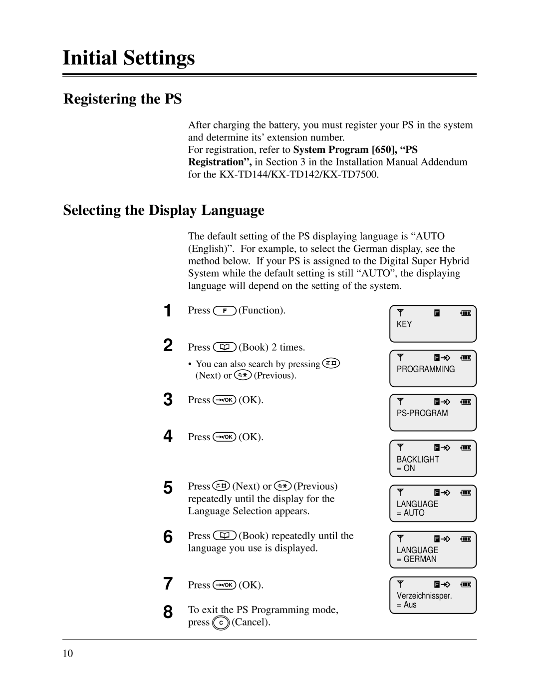 Panasonic KX-TD1232CE, KX-TD816CE user manual Initial Settings, Registering the PS, Selecting the Display Language 