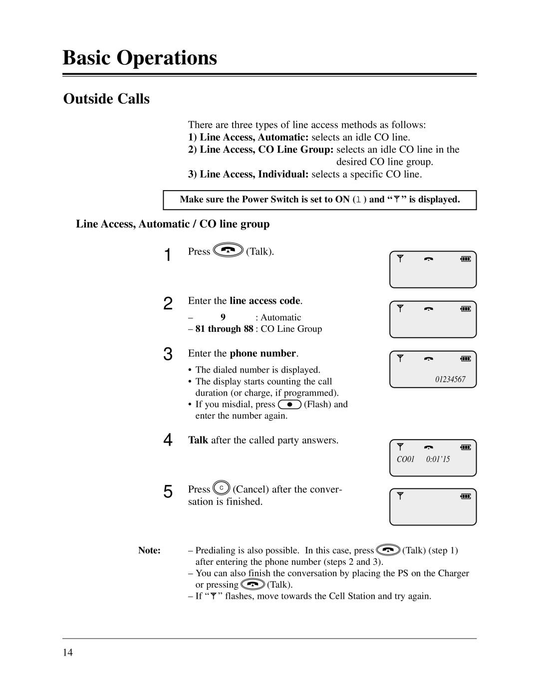 Panasonic KX-TD1232CE, KX-TD816CE Outside Calls, Line Access, Automatic / CO line group, Enter the line access code 