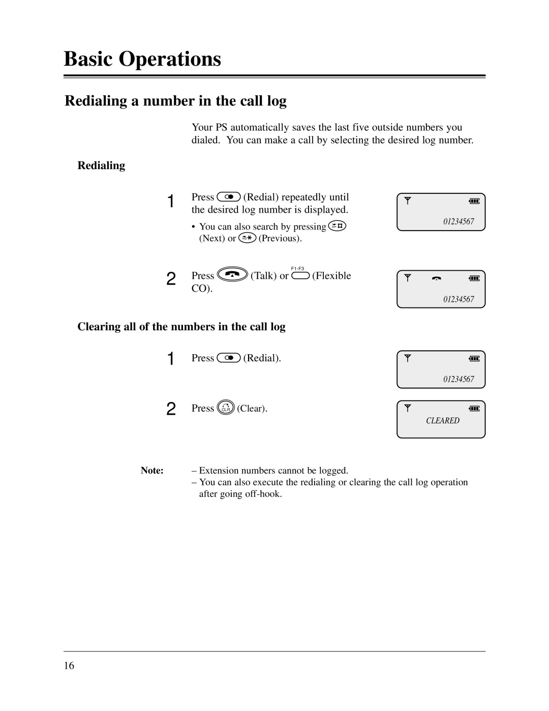 Panasonic KX-TD1232CE, KX-TD816CE Redialing a number in the call log, Clearing all of the numbers in the call log 