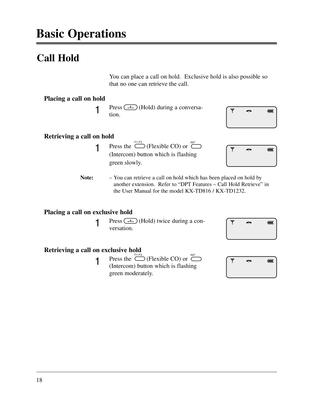 Panasonic KX-TD1232CE, KX-TD816CE Placing a call on hold, Retrieving a call on hold, Placing a call on exclusive hold 