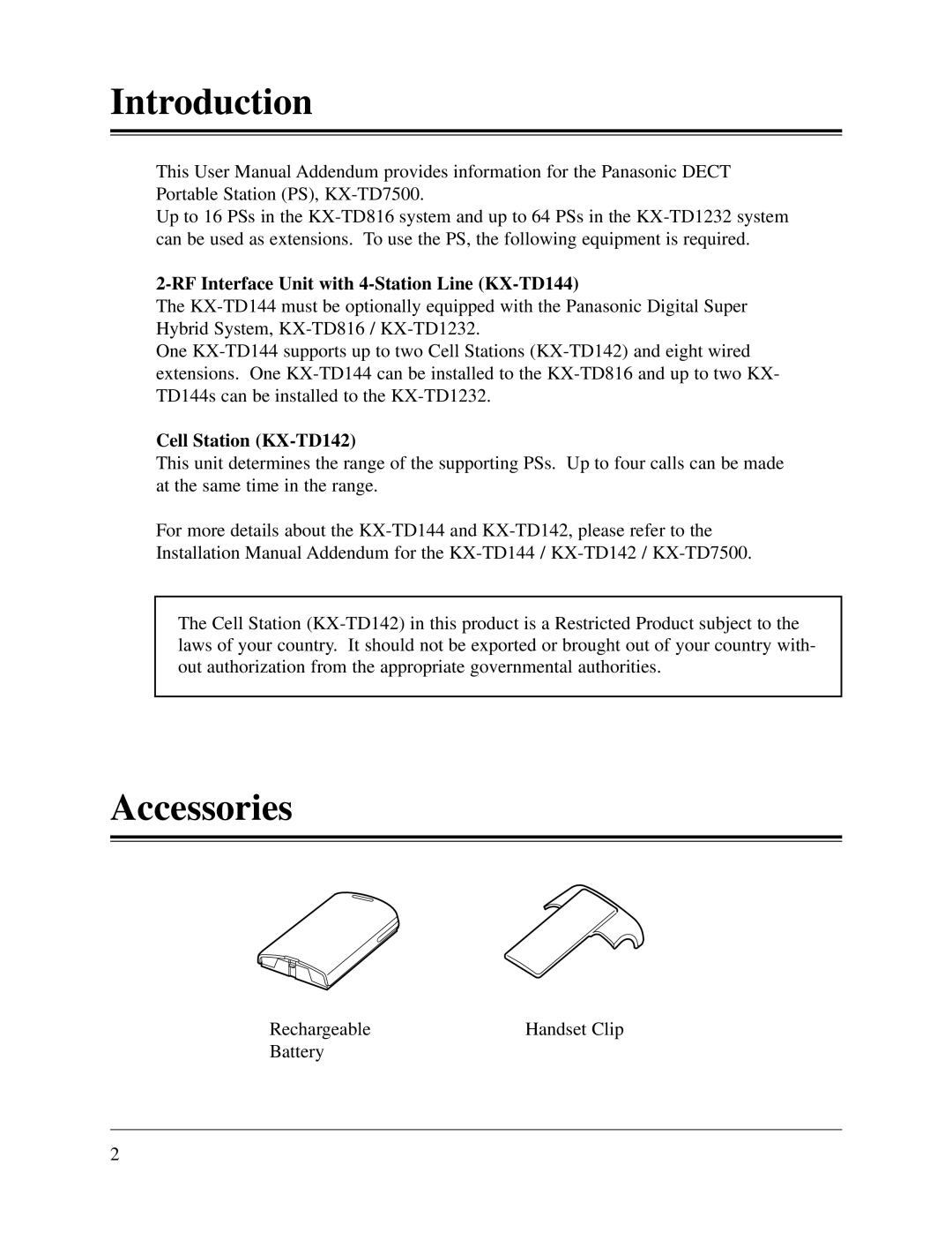 Panasonic KX-TD1232CE Introduction, Accessories, RF Interface Unit with 4-Station Line KX-TD144, Cell Station KX-TD142 