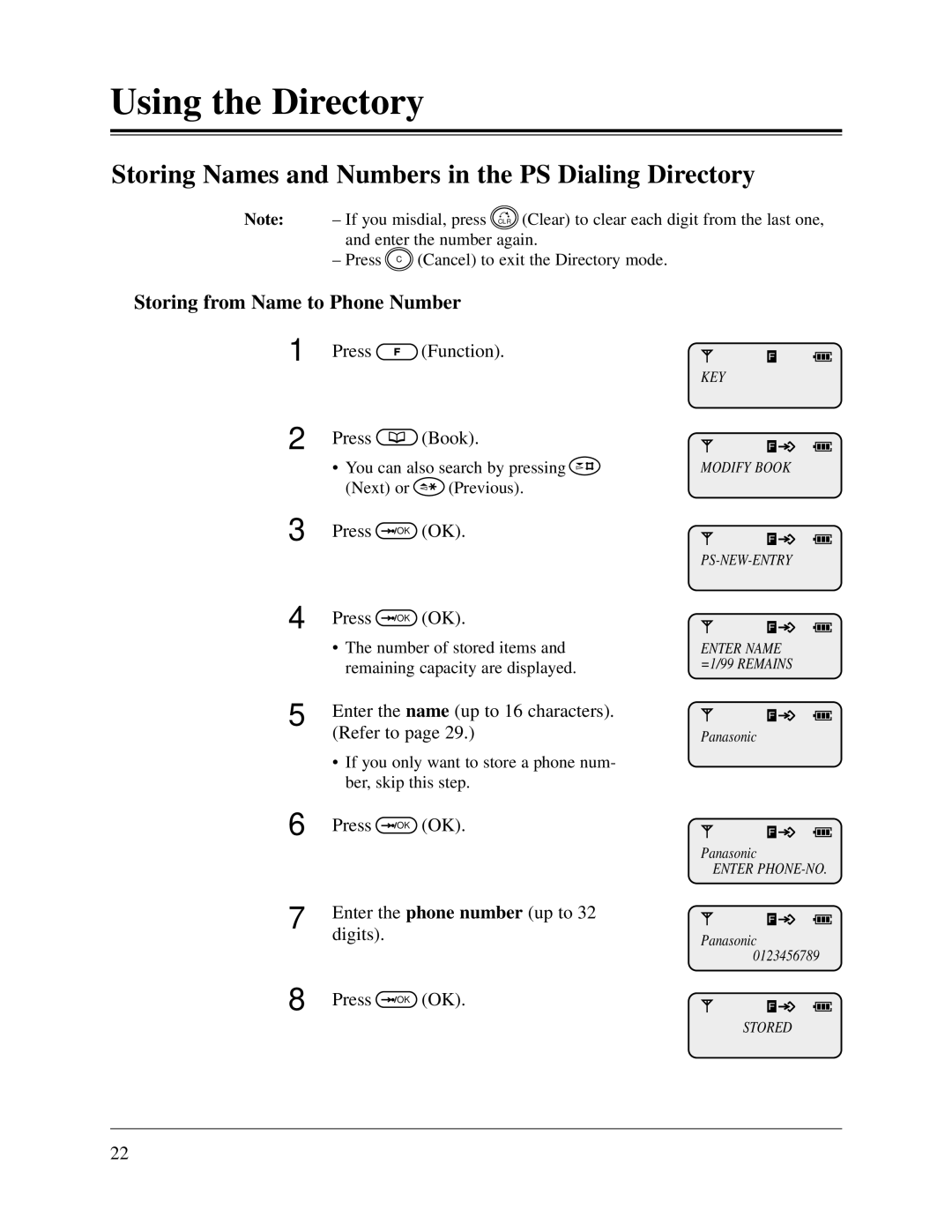 Panasonic KX-TD1232CE, KX-TD816CE Storing Names and Numbers in the PS Dialing Directory, Storing from Name to Phone Number 