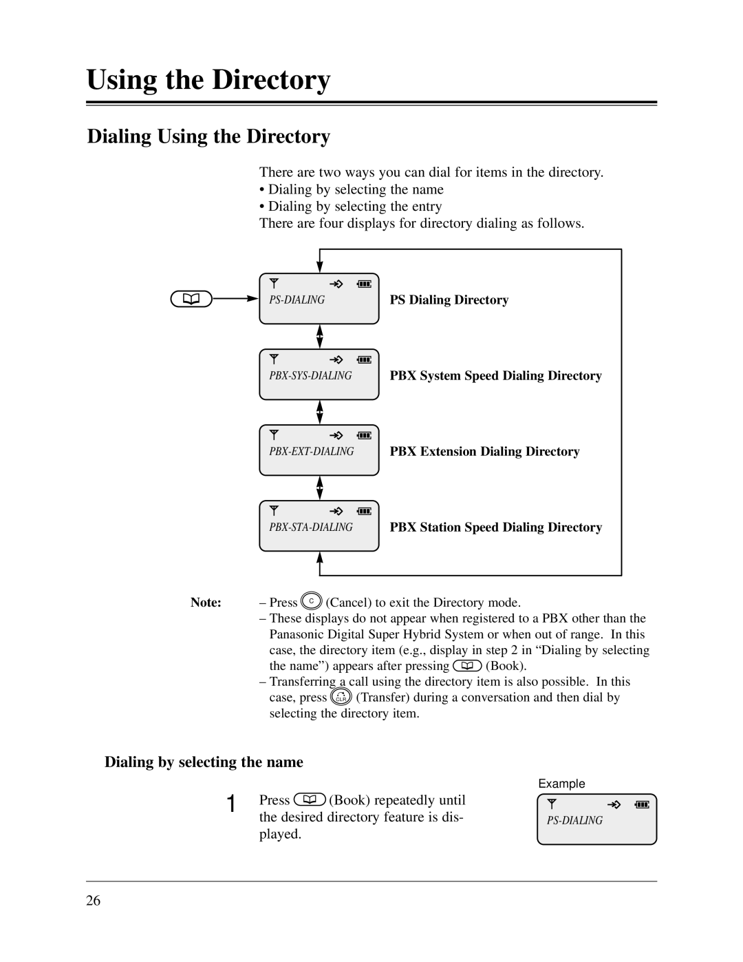 Panasonic KX-TD1232CE, KX-TD816CE Dialing Using the Directory, Dialing by selecting the name, PS Dialing Directory 