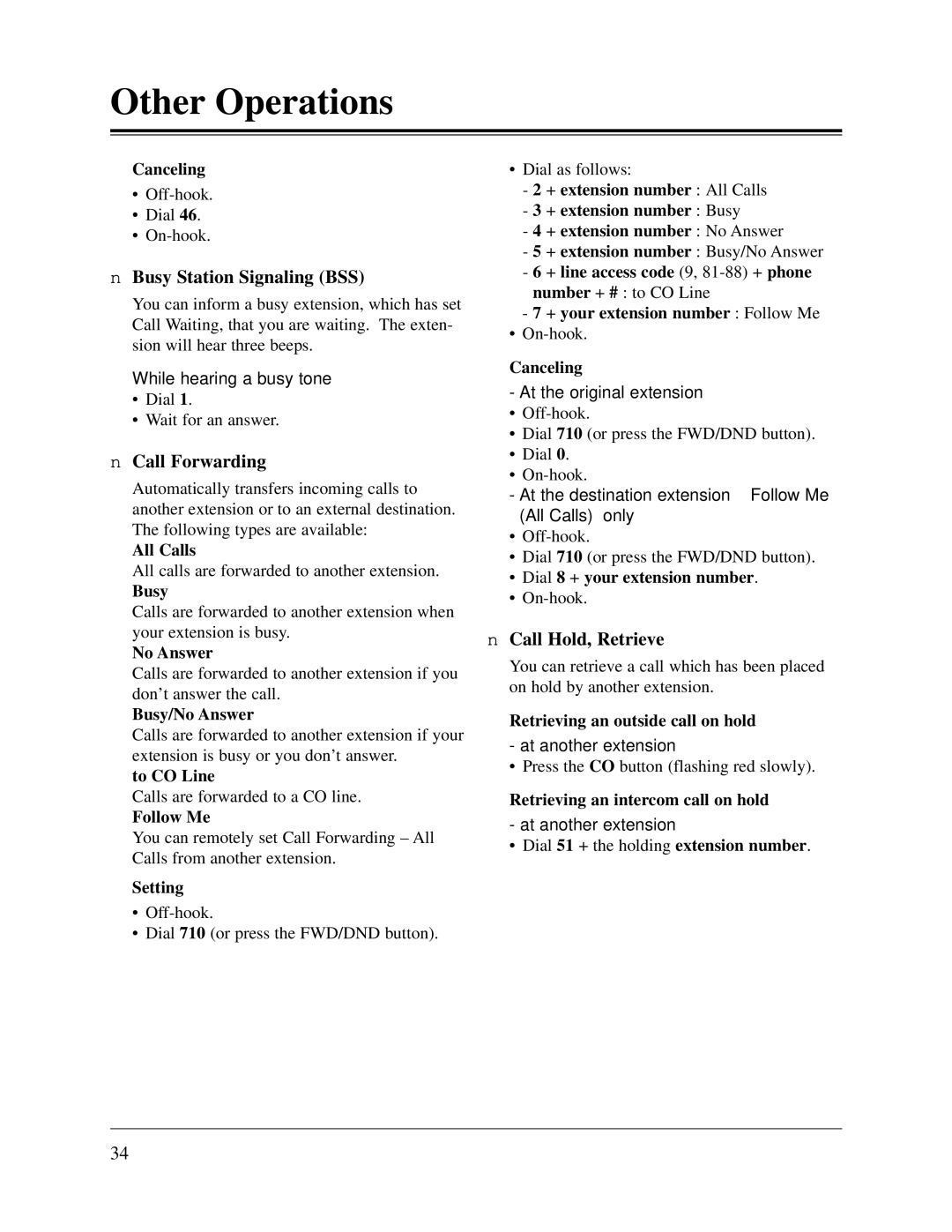 Panasonic KX-TD1232CE, KX-TD816CE user manual Busy Station Signaling BSS, Call Forwarding, Call Hold, Retrieve 