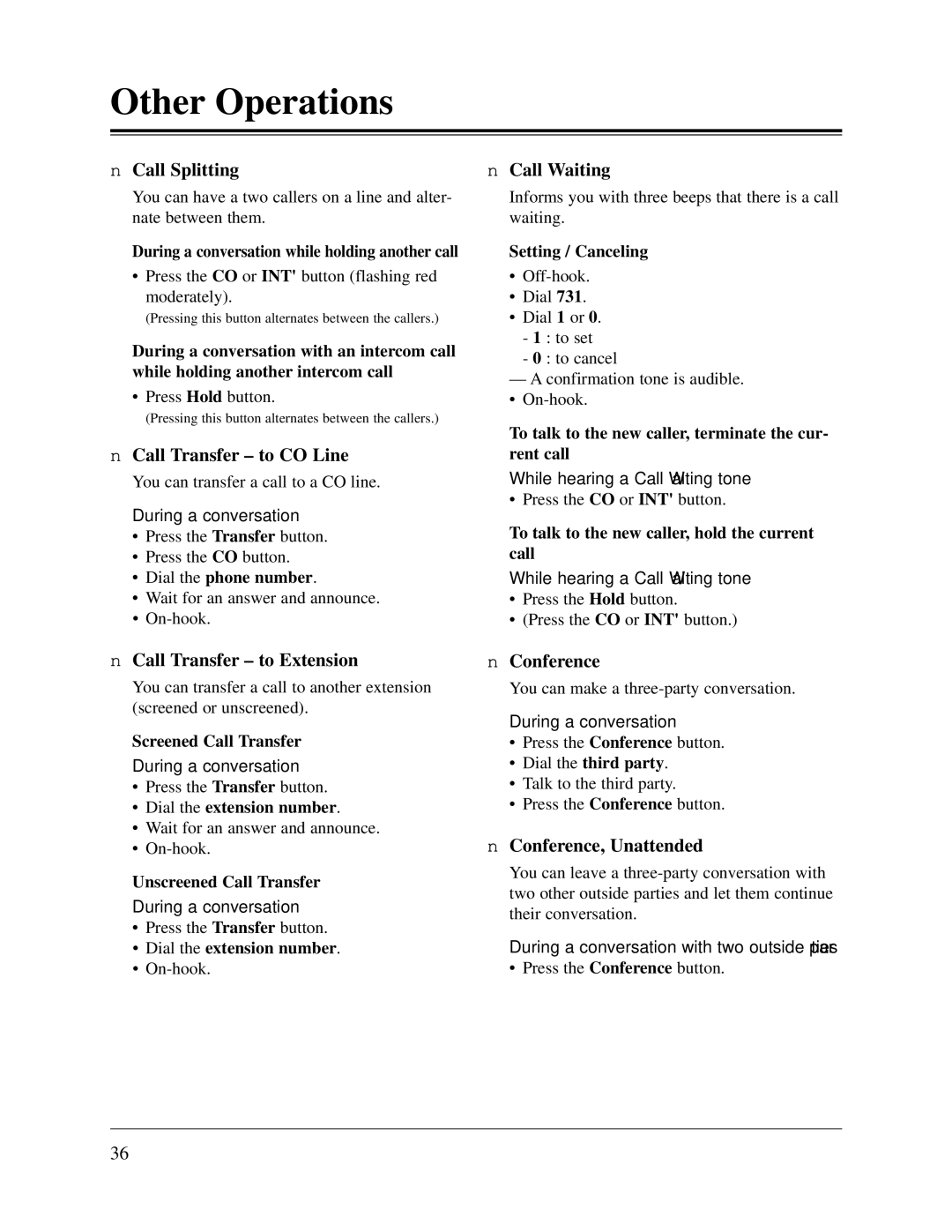 Panasonic KX-TD1232CE Call Splitting Call Waiting, Call Transfer to CO Line, Call Transfer to Extension, Conference 