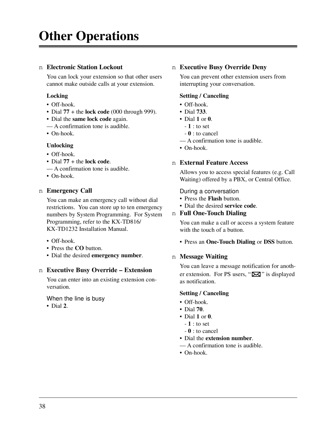 Panasonic KX-TD1232CE Electronic Station Lockout, Emergency Call, Executive Busy Override Extension, Message Waiting 