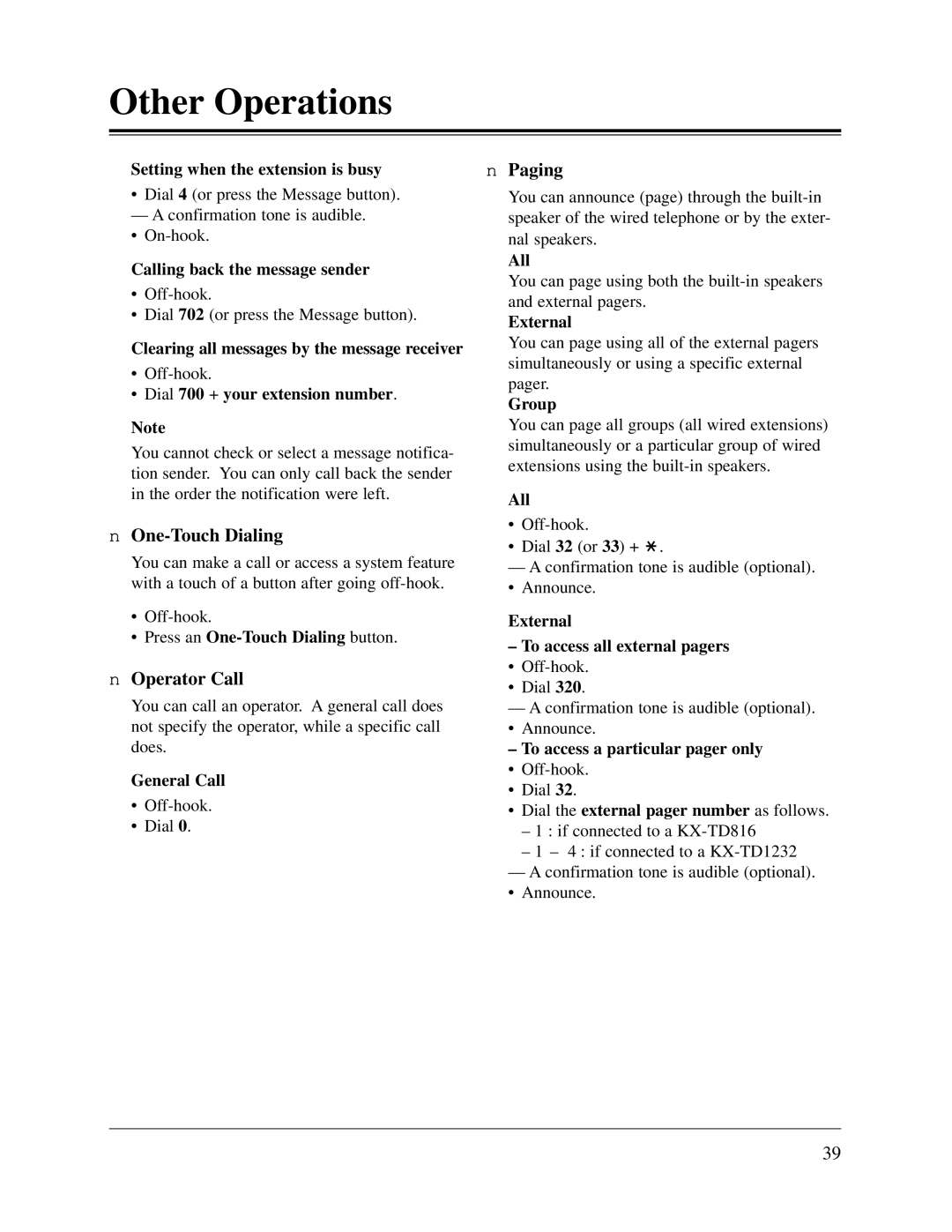 Panasonic KX-TD816CE, KX-TD1232CE user manual Paging, One-Touch Dialing, Operator Call 