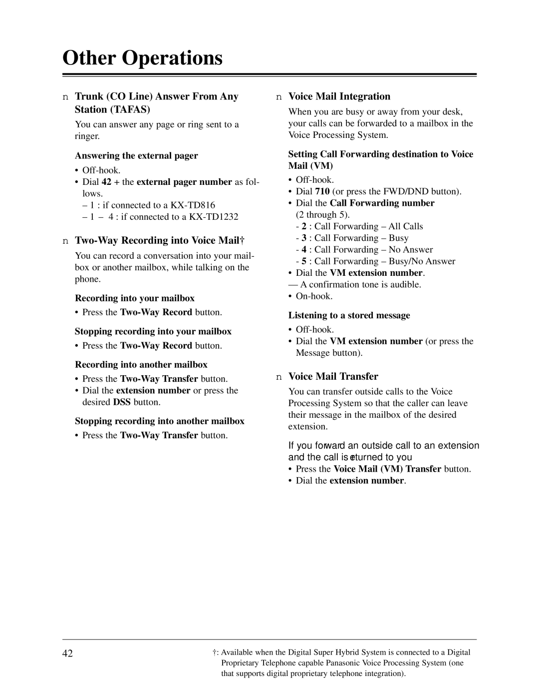 Panasonic KX-TD1232CE Trunk CO Line Answer From Any Station Tafas, Two-Way Recording into Voice Mail†, Voice Mail Transfer 