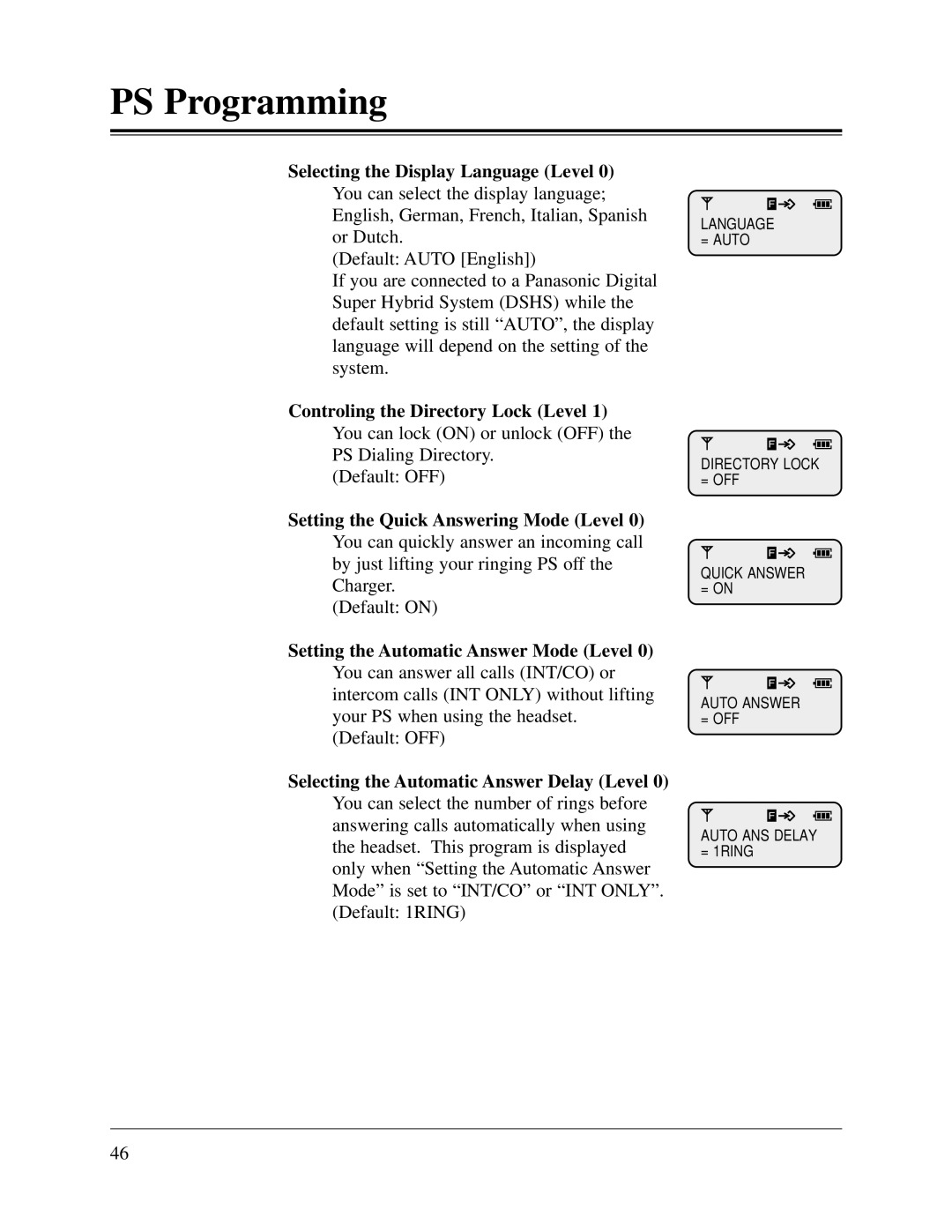 Panasonic KX-TD1232CE, KX-TD816CE user manual Controling the Directory Lock Level, Setting the Quick Answering Mode Level 