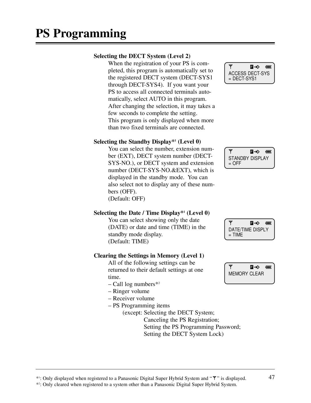 Panasonic KX-TD816CE, KX-TD1232CE Selecting the Dect System Level, Selecting the Standby Display*1 Level, Default Time 