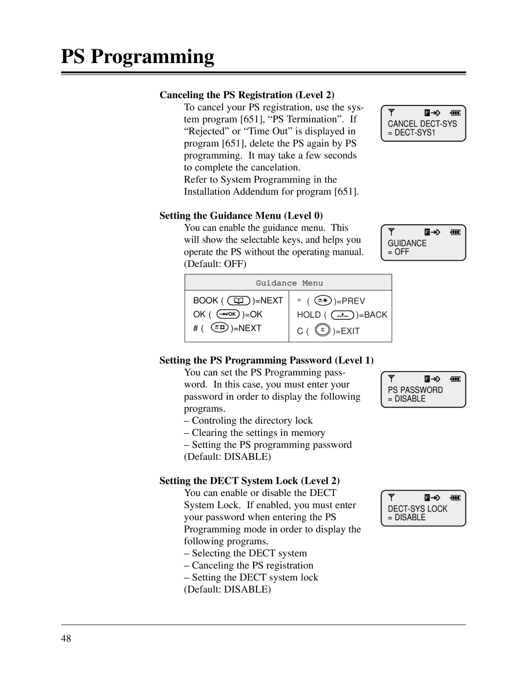 Panasonic KX-TD1232CE, KX-TD816CE user manual Canceling the PS Registration Level, Setting the Guidance Menu Level 