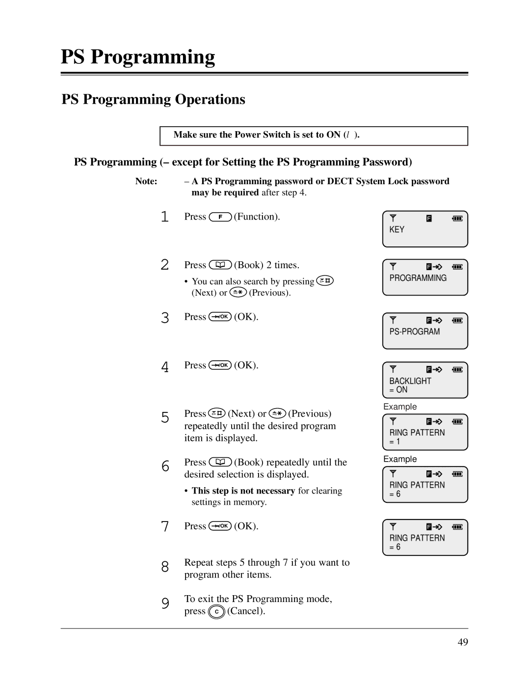 Panasonic KX-TD816CE PS Programming Operations, Press Function Book 2 times, Make sure the Power Switch is set to on 