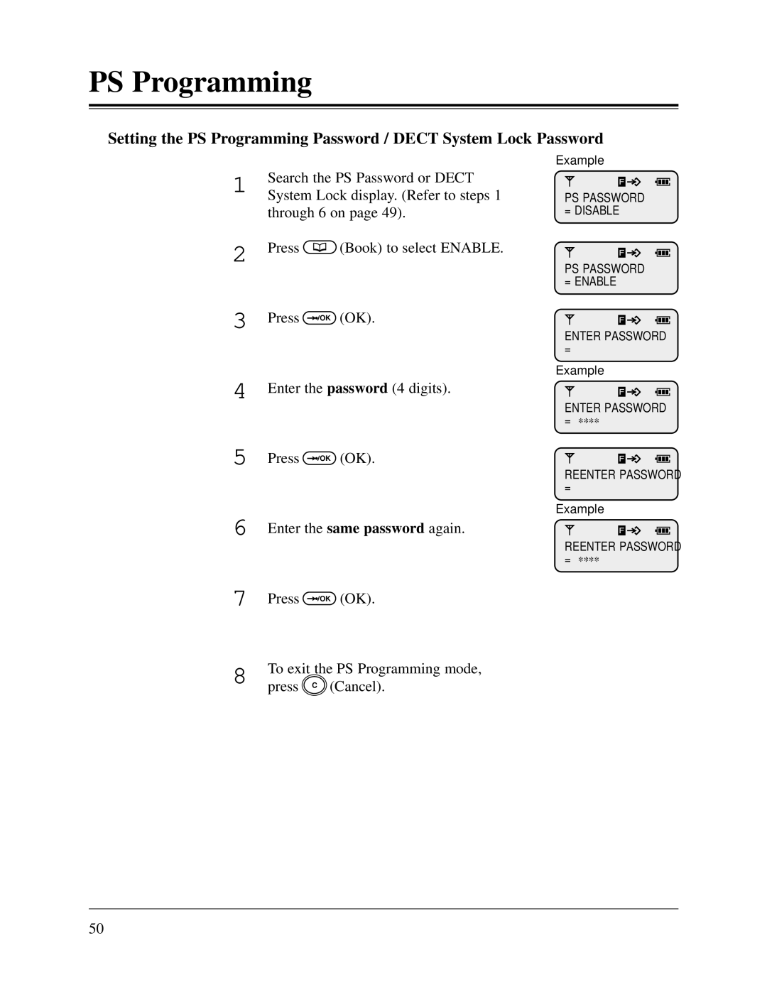 Panasonic KX-TD1232CE, KX-TD816CE Search the PS Password or Dect, System Lock display. Refer to steps, Through 6 on 