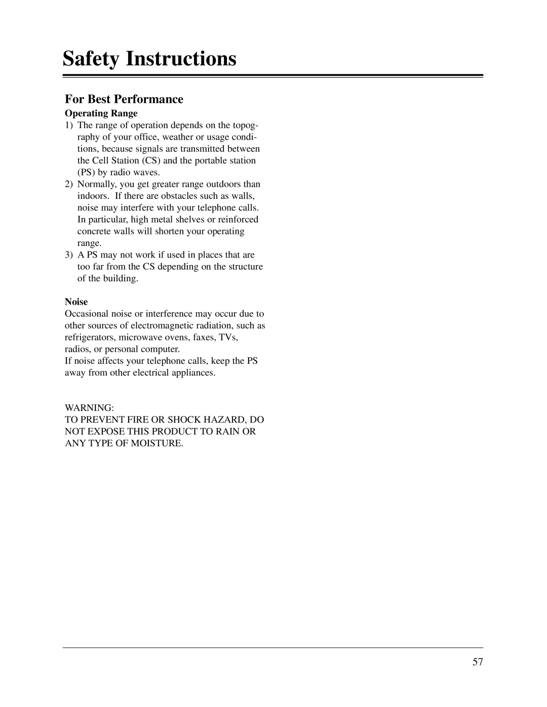 Panasonic KX-TD816CE, KX-TD1232CE user manual Operating Range, Noise 