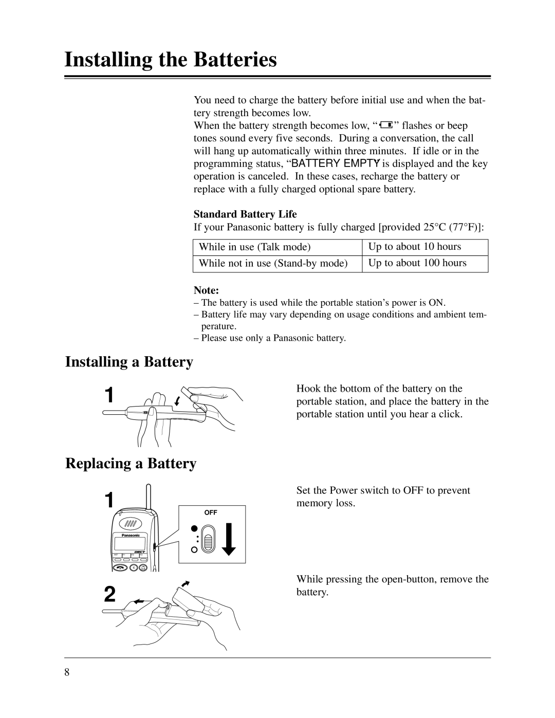 Panasonic KX-TD1232CE Installing the Batteries, Installing a Battery, Replacing a Battery, Standard Battery Life 