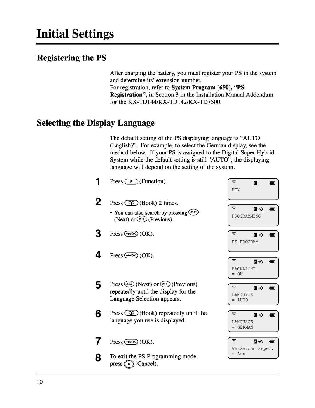 Panasonic KX-TD1232CE, KX-TD816CE Initial Settings, 1 2 3 4 5 6 7 8, Registering the PS, Selecting the Display Language 