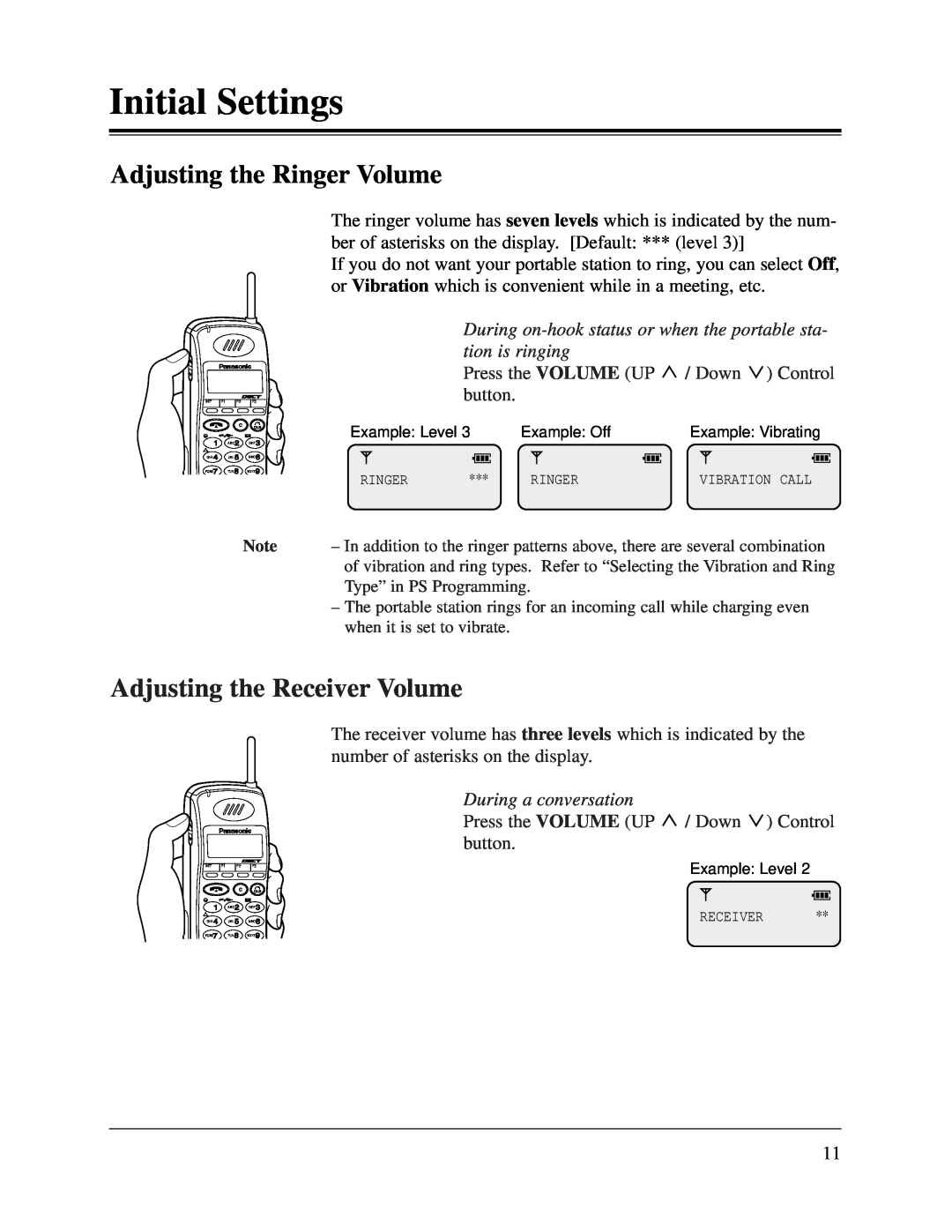 Panasonic KX-TD816CE Adjusting the Ringer Volume, Adjusting the Receiver Volume, During a conversation, Initial Settings 