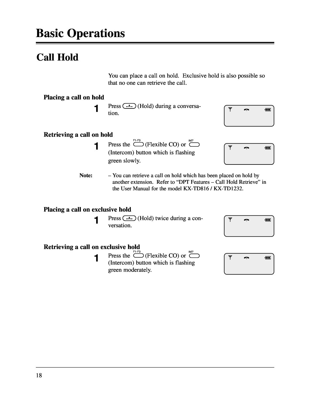 Panasonic KX-TD1232CE Call Hold, Placing a call on hold, Retrieving a call on hold, Placing a call on exclusive hold 