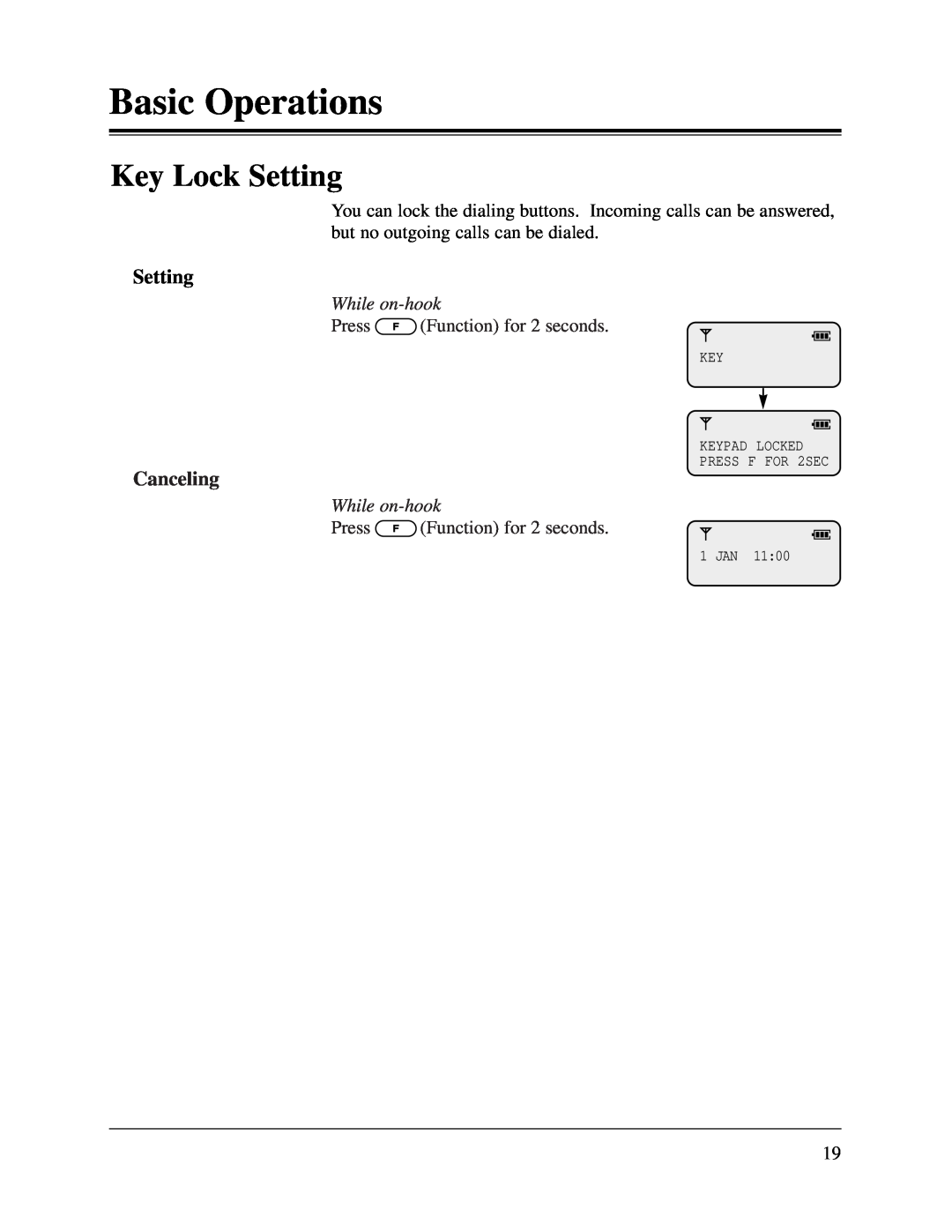 Panasonic KX-TD816CE Key Lock Setting, Canceling, While on-hook, Basic Operations, KEY KEYPAD LOCKED PRESS F FOR 2SEC 