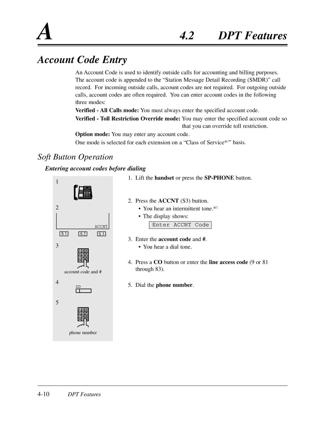 Panasonic KX-TD308 manual Account Code Entry, Entering account codes before dialing, Dial the phone number, 10DPT Features 