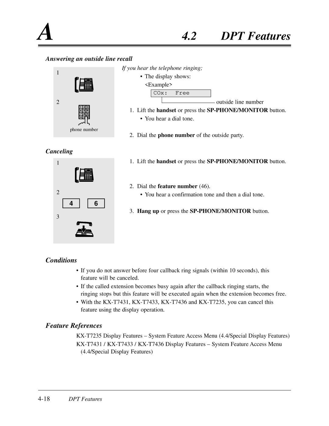 Panasonic KX-TD308 manual Answering an outside line recall, Dial the feature number, 18DPT Features 