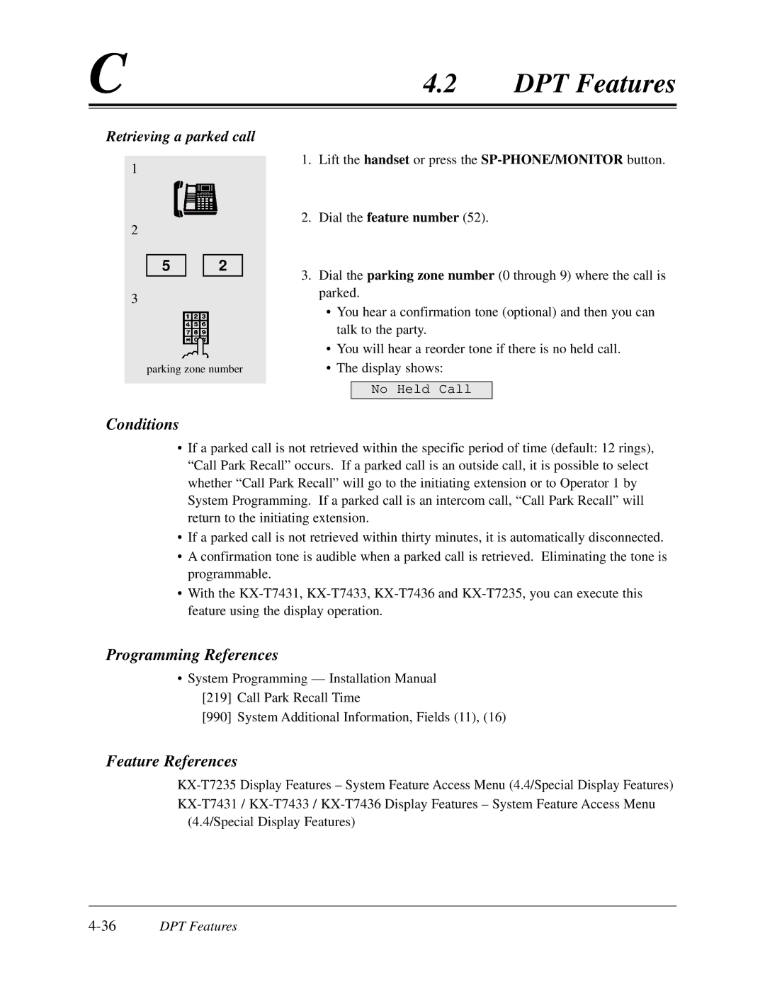 Panasonic KX-TD308 manual Retrieving a parked call, 36DPT Features 