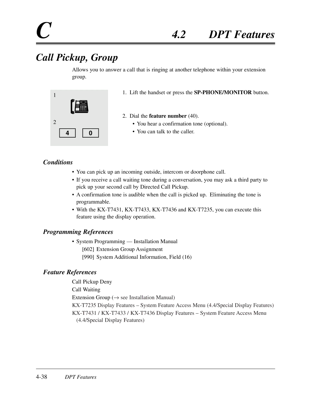 Panasonic KX-TD308 manual Call Pickup, Group, 38DPT Features 