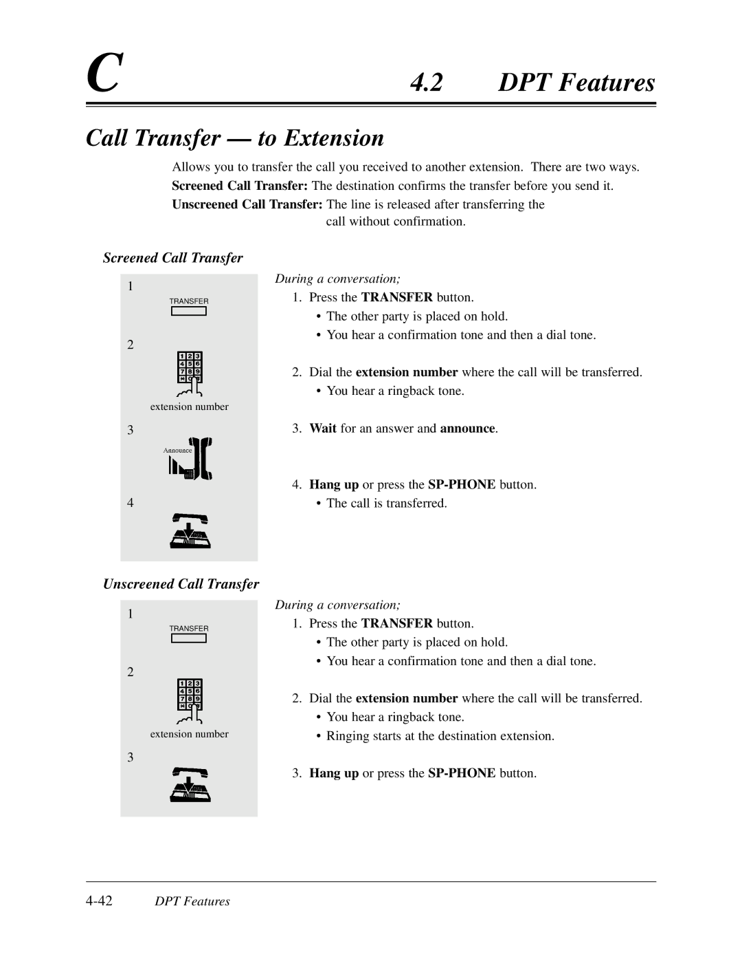 Panasonic KX-TD308 manual Call Transfer to Extension, Screened Call Transfer, Unscreened Call Transfer, 42DPT Features 