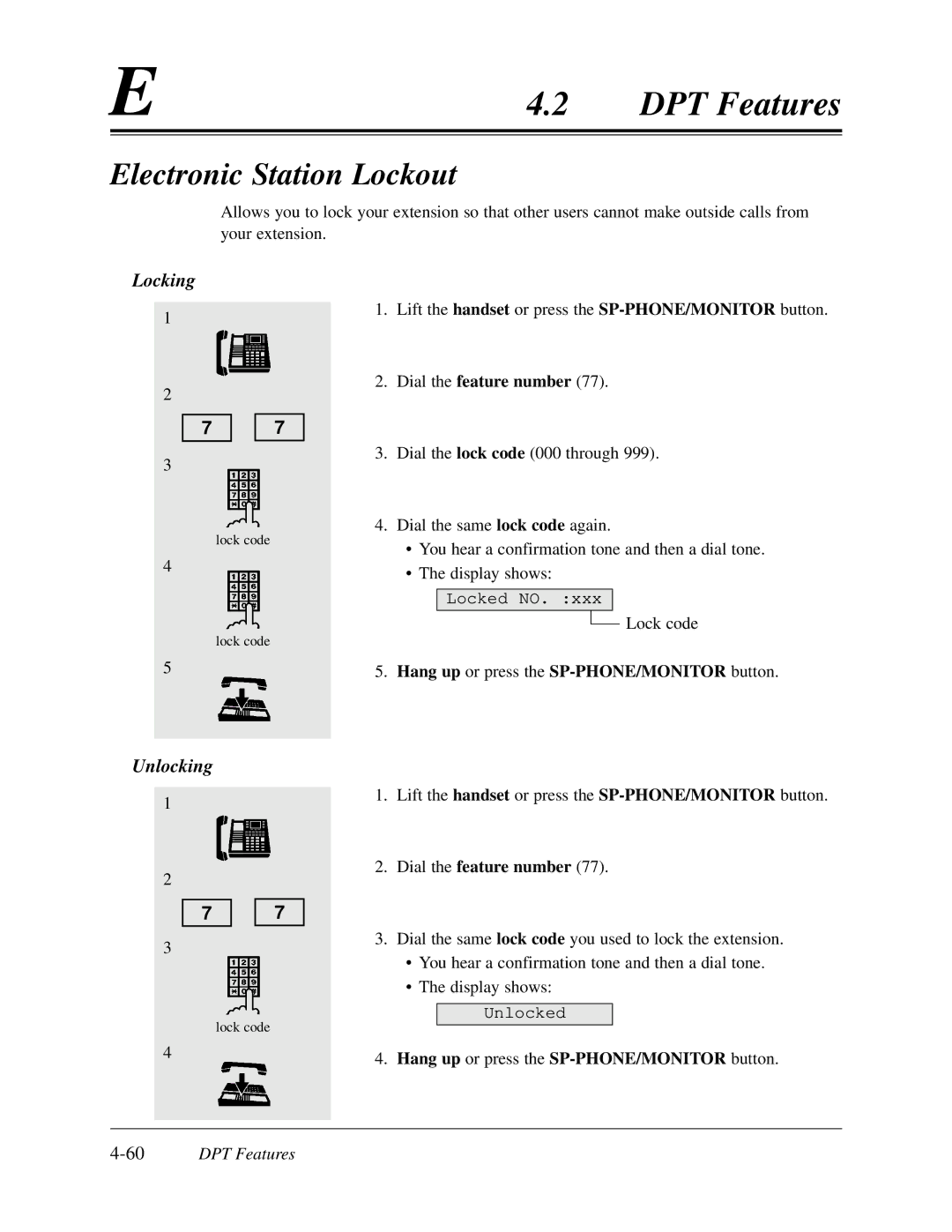 Panasonic KX-TD308 manual Electronic Station Lockout, Locking, Unlocking, 60DPT Features 