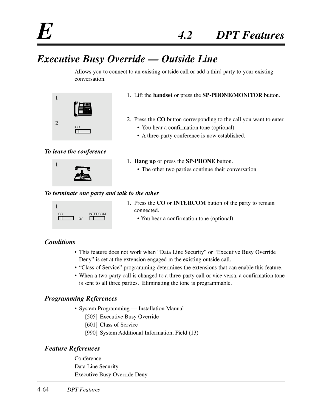 Panasonic KX-TD308 manual Executive Busy Override Outside Line, 64DPT Features 