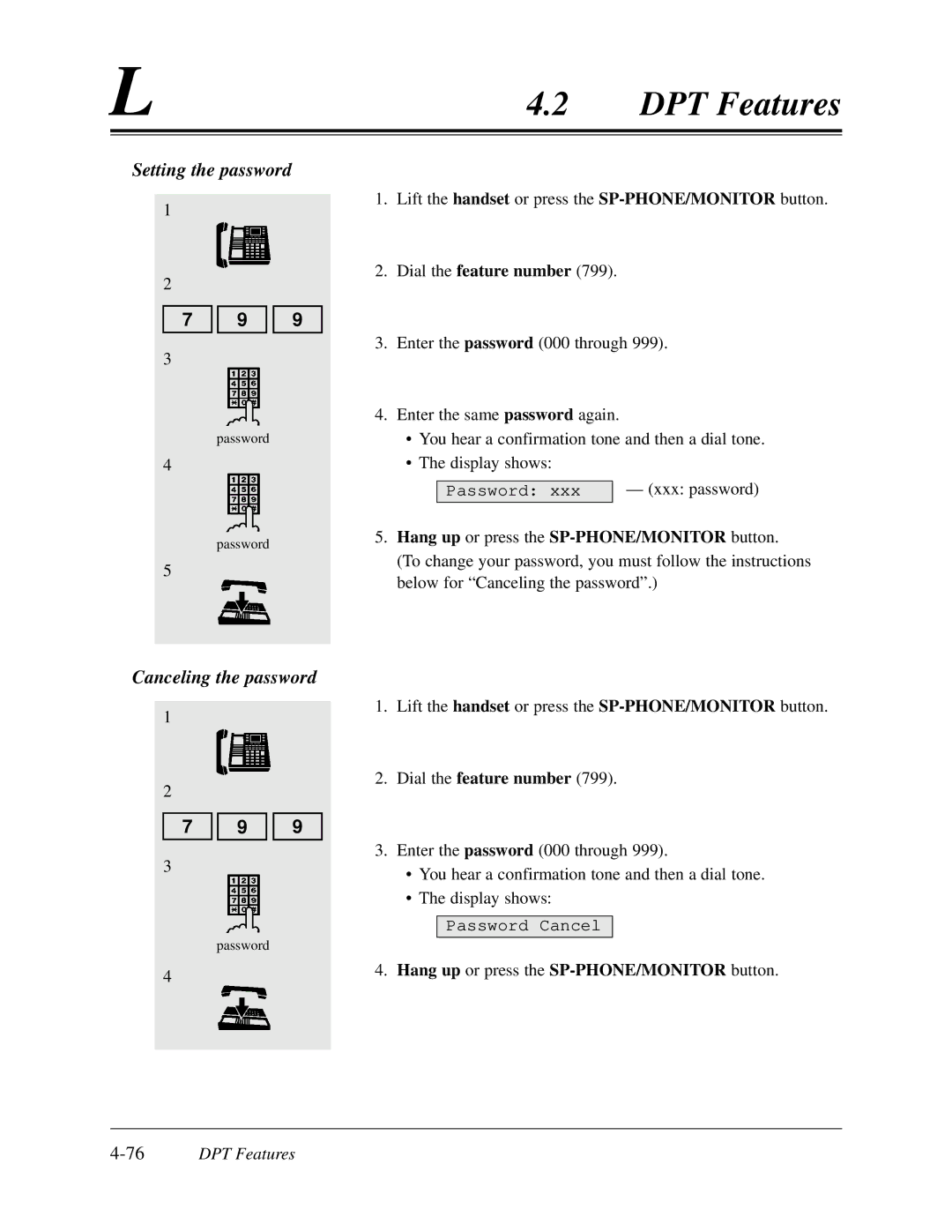 Panasonic KX-TD308 manual Setting the password, Canceling the password, 76DPT Features 