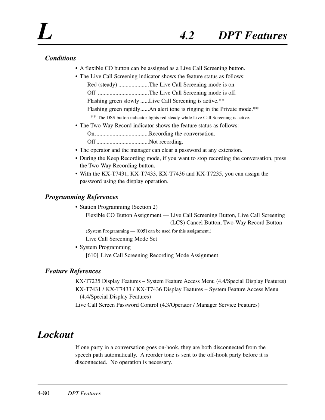 Panasonic KX-TD308 manual Lockout, 80DPT Features 