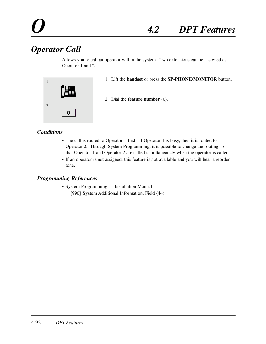 Panasonic KX-TD308 manual Operator Call, 92DPT Features 