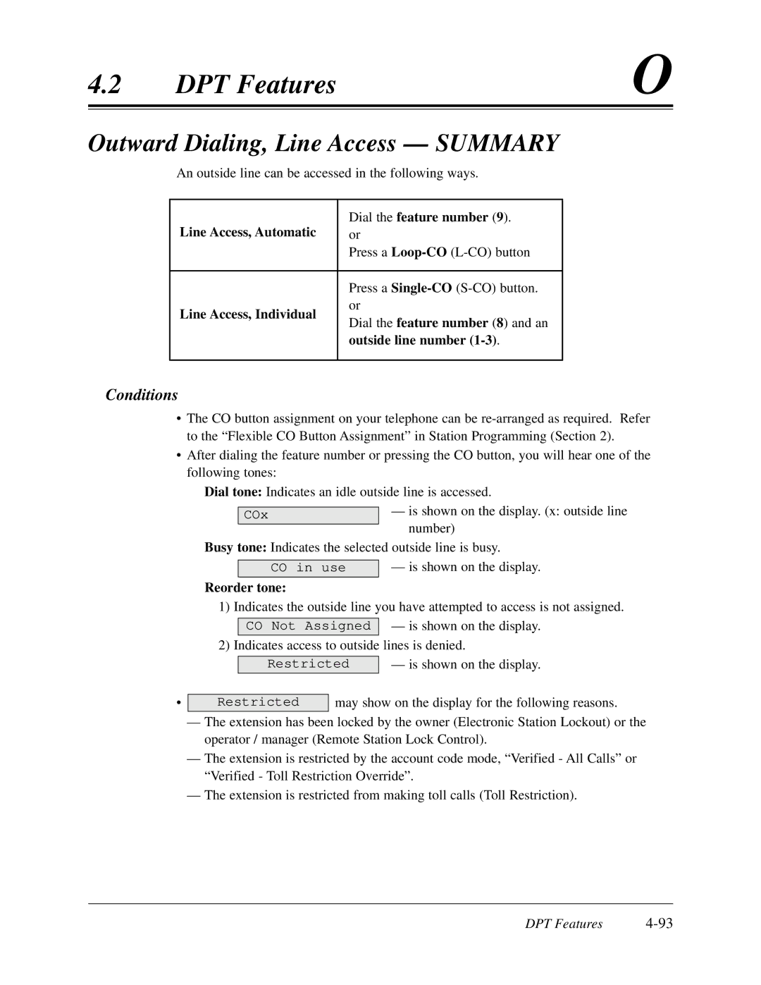 Panasonic KX-TD308 Outward Dialing, Line Access Summary, Line Access, Automatic Dial the feature number, Reorder tone 