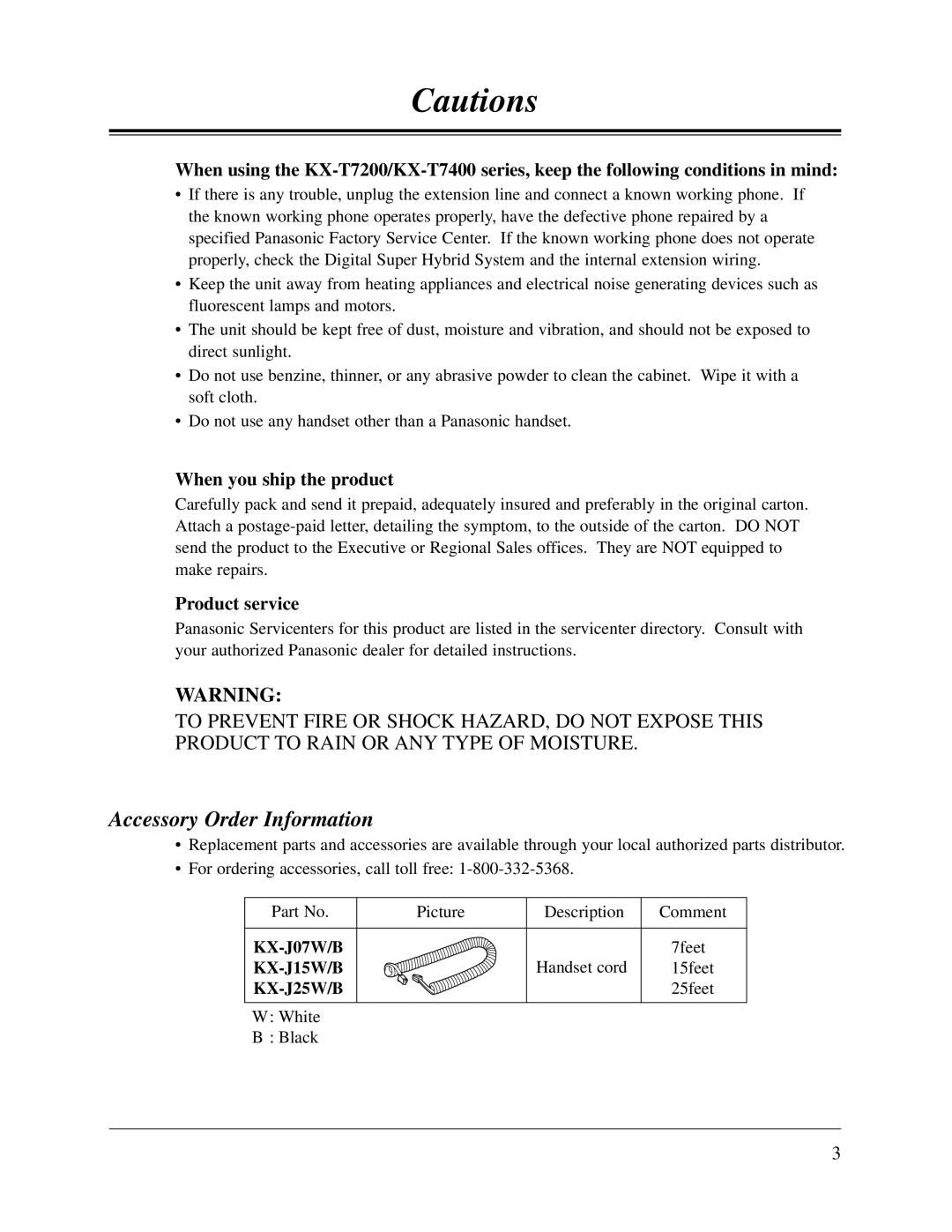 Panasonic KX-TD308 manual Accessory Order Information 