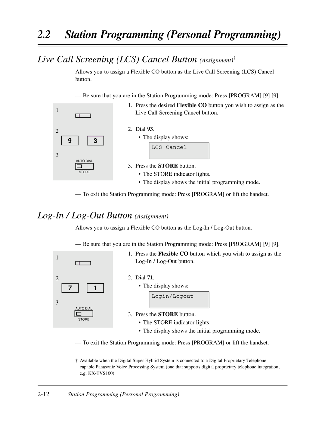 Panasonic KX-TD308 manual Live Call Screening LCS Cancel Button Assignment†, Log-In / Log-Out Button Assignment 