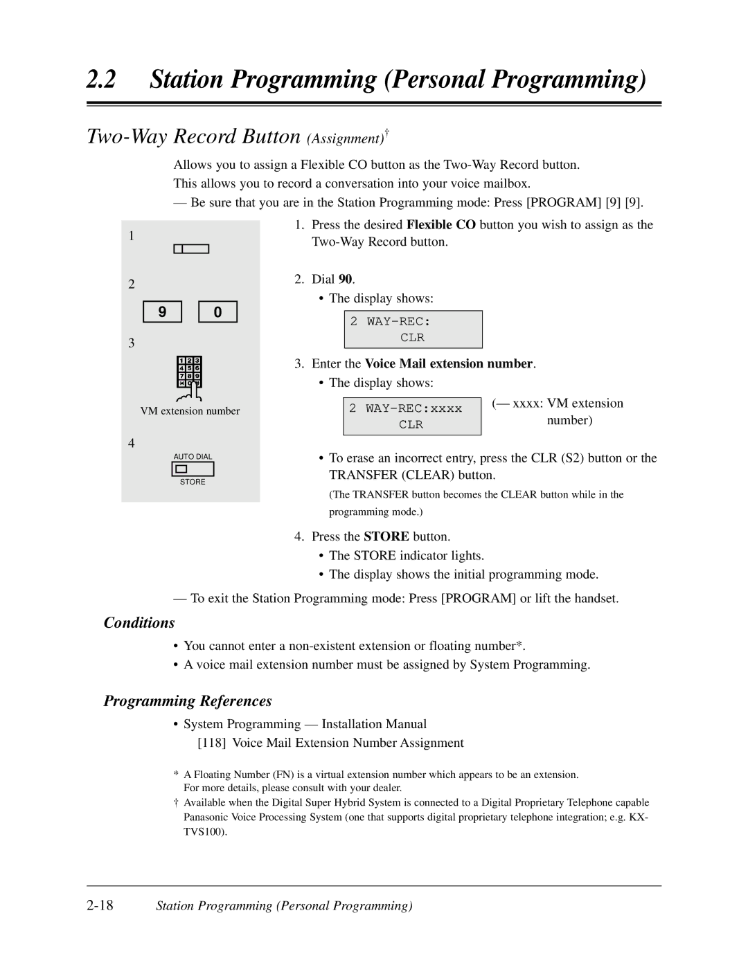 Panasonic KX-TD308 manual Two-Way Record Button Assignment†, Enter the Voice Mail extension number 