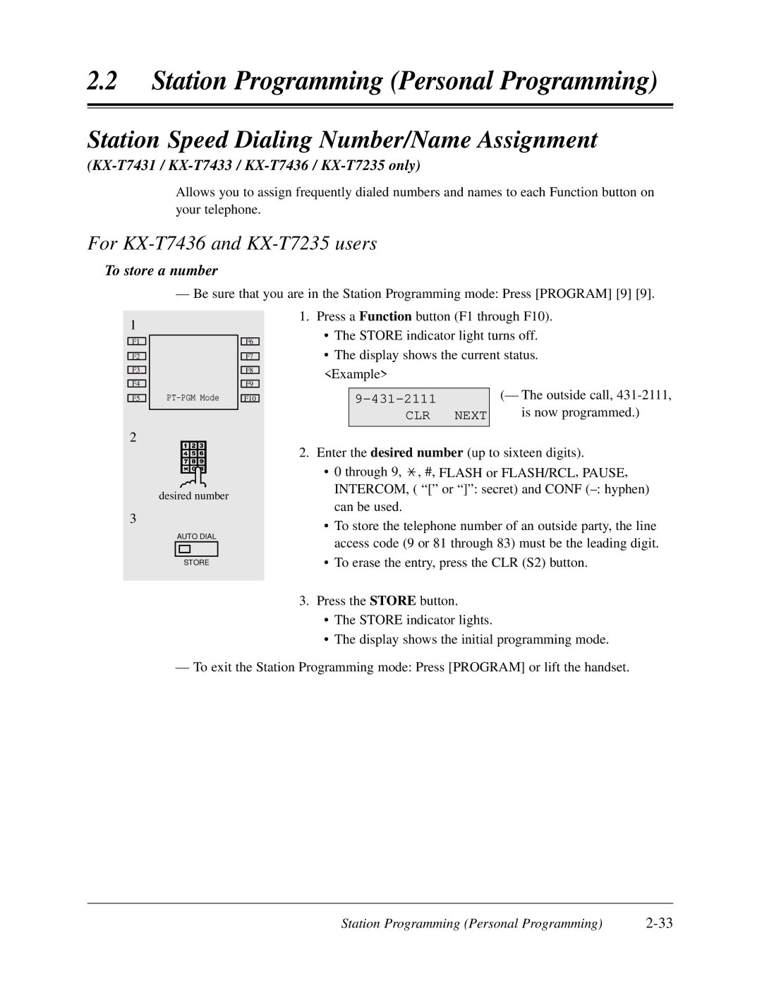 Panasonic KX-TD308 manual Station Speed Dialing Number/Name Assignment, KX-T7431 / KX-T7433 / KX-T7436 / KX-T7235 only 