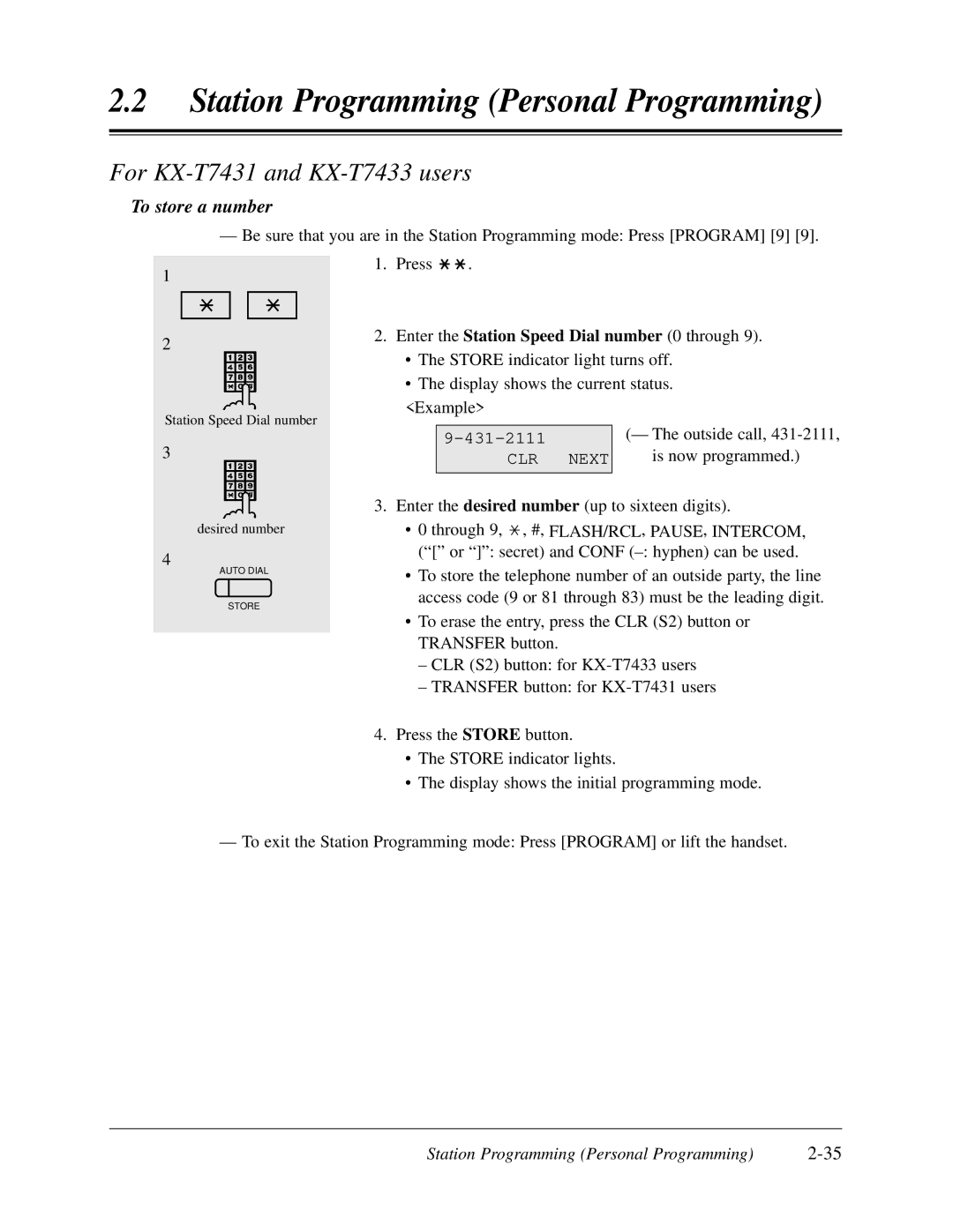 Panasonic KX-TD308 manual For KX-T7431 and KX-T7433 users, Enter the Station Speed Dial number 0 through 