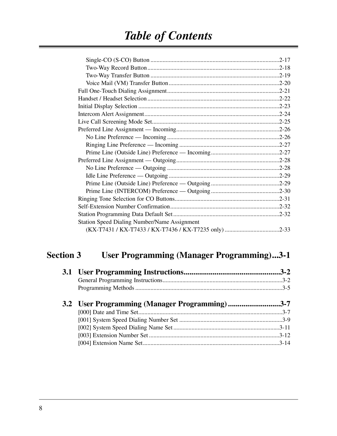 Panasonic KX-TD308 manual User Programming Manager Programming...3-1 